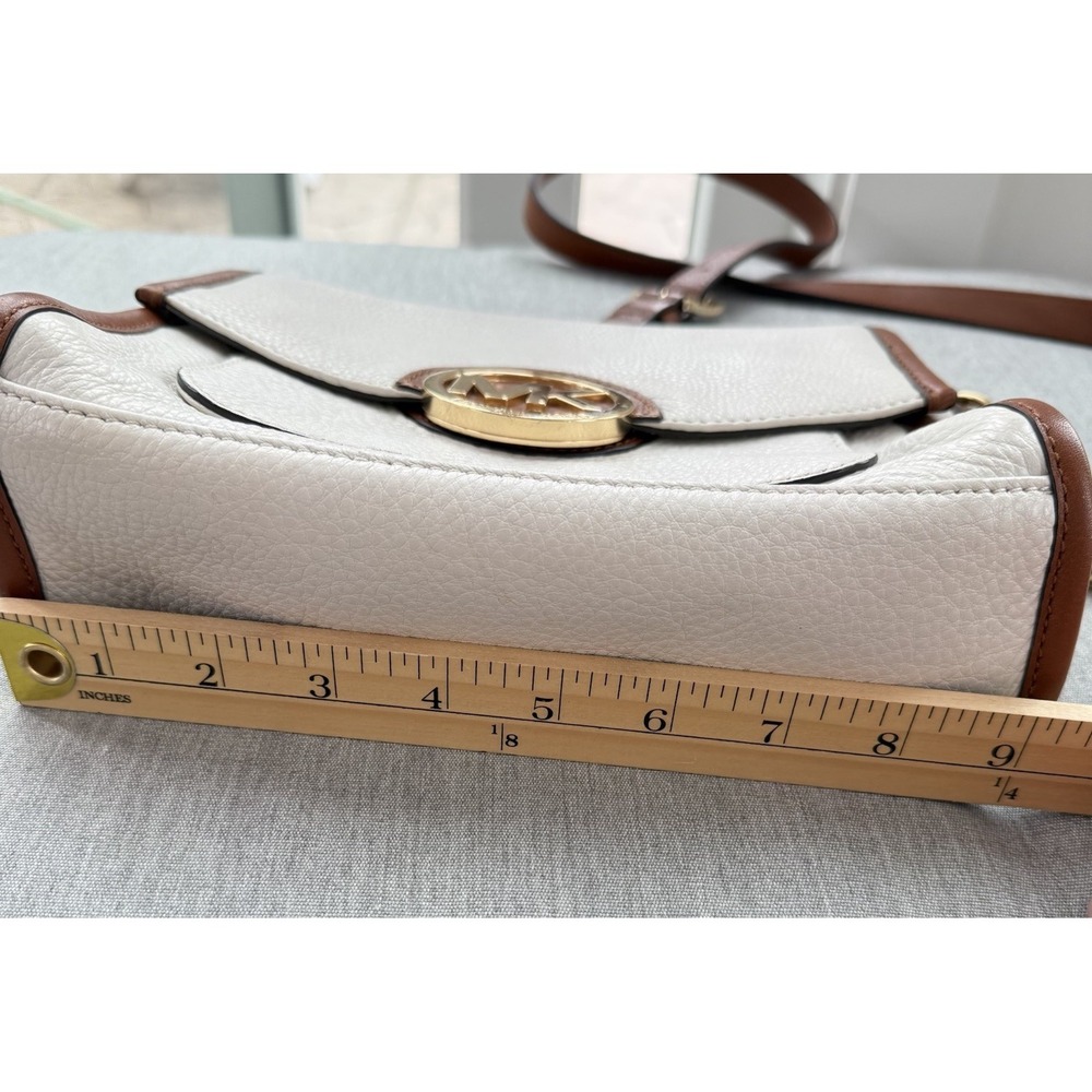 Michael Kors Margo Tan with White Pebbled Leather & Chain Crossbody Bag Purse - Picture 11 of 16